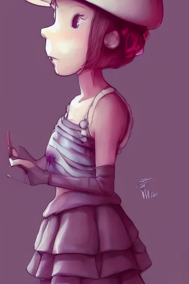 Prompt: a little girl wearing a mushroom hat in dress sitting | | purple curvy hair, pretty face, fine details, digial art by lois van baarle, anatomically correct, perfect composition, symmetrical, fantastic, clean details, anime character, extremely detailed