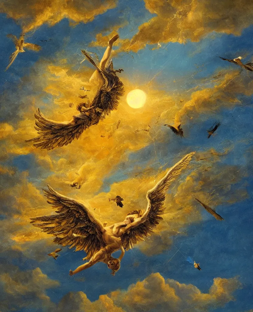 Prompt: icarus falling from the sky, golden big wings, dramatic, sunset clouds, tormented blue sea, extremely detailed, sharpness, 8 k