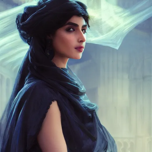 Image similar to a Photorealistic dramatic hyperrealistic render of an arab ameera al taweel, blue eyes, wavy black hair, white veil,by WLOP,Artgerm,Greg Rutkowski,Alphonse Mucha, Beautiful dynamic dramatic dark moody lighting,shadows,cinematic atmosphere,Artstation,concept design art,Octane render,8K