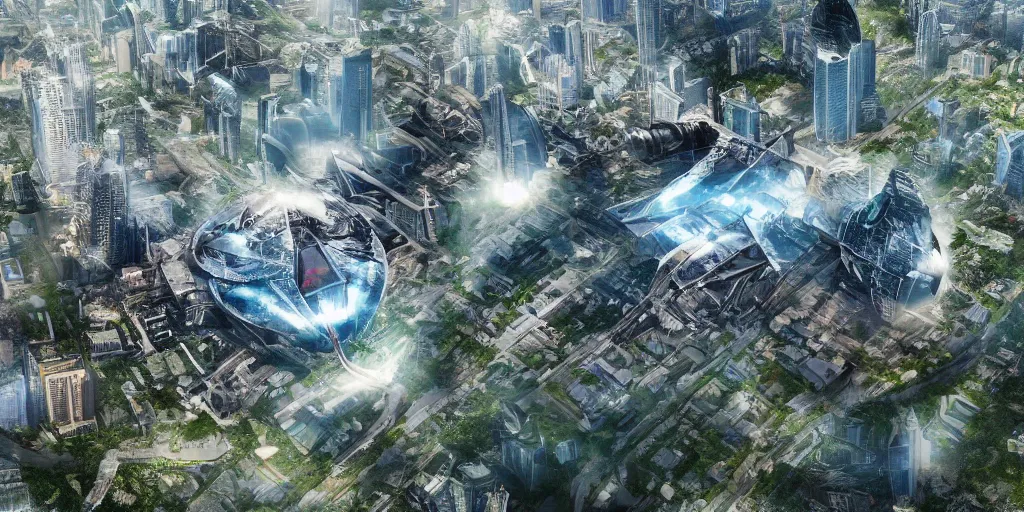 Prompt: future forest city attacked by spaceship, floating broken buildings, gravity mess, star trek, glory war, photograph