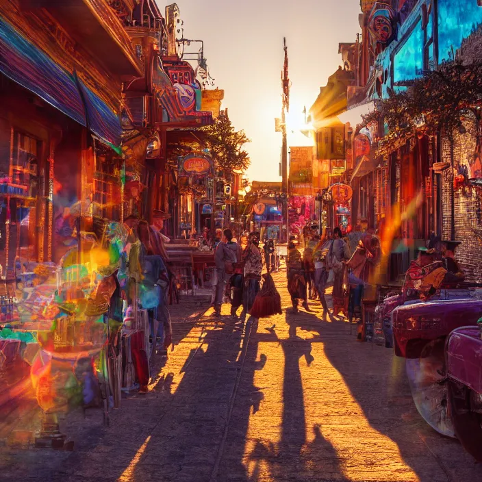 Prompt: a sunset light historical wild west village, duel between two cowboys, lots of sparkling details and sun ray's, blinding backlight, smoke, volumetric lighting, colorful, octane, 3 5 mm, saloon exterior, old town street, beautiful epic colored reflections, very colorful heavenly, softlight