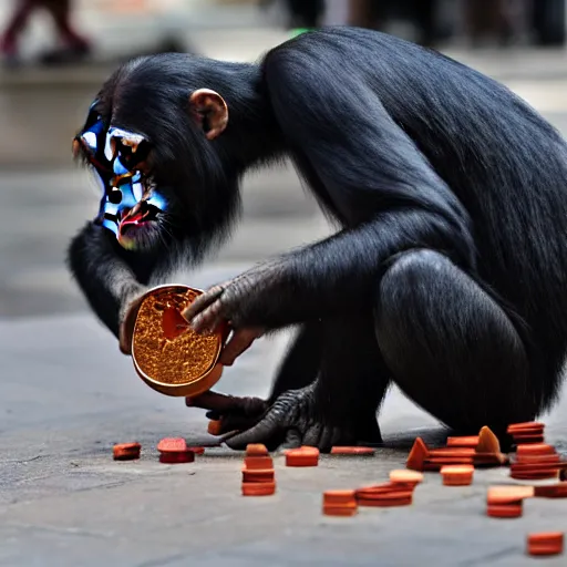 Prompt: a 5 0 mm photo of a chimpanzee picking up pennies on a street in manhattan, breathtaking, detailed and intricate environment, hyperrealistic