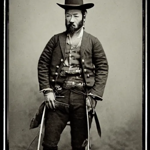 Image similar to photorealistic shiba inu in outlaw gear in the wild west old 1890s photograph