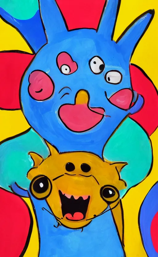 Image similar to a bright and colorful painting of a funny looking character. the character is making a silly face and the background is filled with happy looking animals.