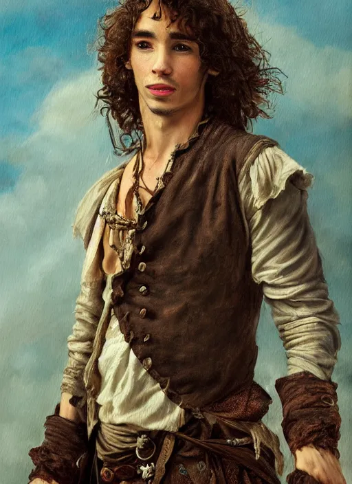 Prompt: a beautiful painting portrait of Robert Sheehan in Pirates of the Carribean 6, matte painting, fantasy art, dark but detailed digital art, highly detailed, a masterpiece trending on artstation. Robert Sheehan as a young but messy pirate and layabout