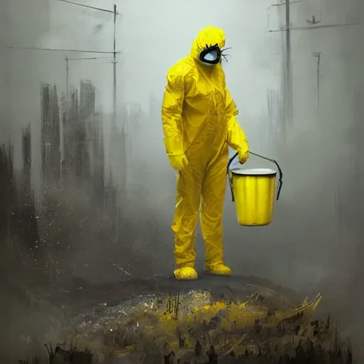 Image similar to a painting of a man in a yellow bio hazard suit holding a bucket and looking at monster spider, poster art by jakub rozalski, trending on artstation, nuclear art, apocalypse art, dystopian art, poster art