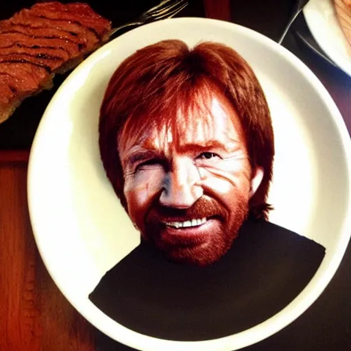 Image similar to chuck roast norris, food photo of chuck norris face made of chuck roast