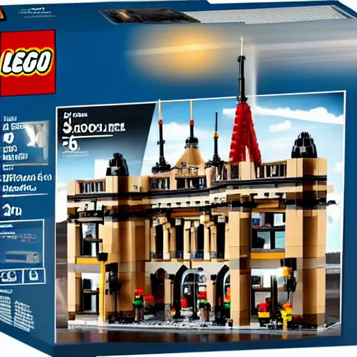 Image similar to Box art for a LEGO set of a high profile court case