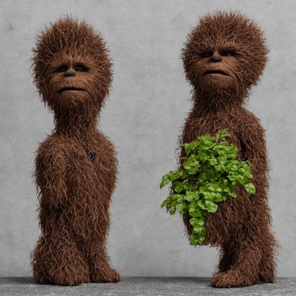 Prompt: Chia pet of Chewbacca’s head sitting on a concrete table, dimly lit