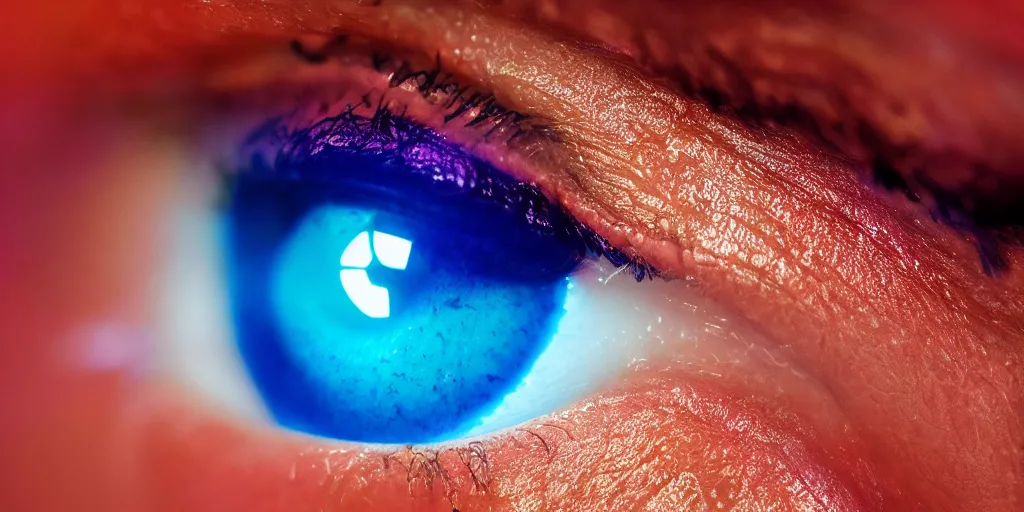 Image similar to an extreme close - up portrait of a neon glowing human eye, photographic filter, unreal engine 5, realistic, hyperdetailed, 8 k, cinematic, volumetric lighting, very realistic effect, hd, hdr, 4 k, sharp focus, octane render, ultra detailed, high resolution, trending on artstation in the style of albert dros glowing rich colors powerful imagery