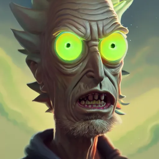 Prompt: A highly detailed full body portrait painting of Rick from Rick and Morty, Greg Rutkowski, trending on artstation