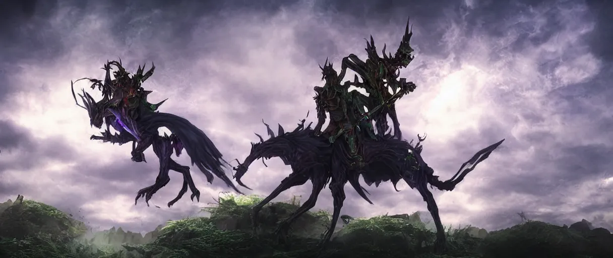 Prompt: a undead mage lord riding ontop a big insect lord dramatic lighting cinematic establishing shot extremely high detail foto realistic cinematic lighting post processed