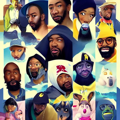 Image similar to a portrait of the wu - tang clan as pixar characters, beautiful, elegant, extremely detailed digital art, trending on artstation hyper realistic matte painting, by wlop, artgerm