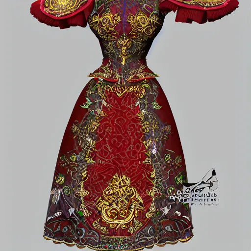 Image similar to ornate serbian traditional dress, fashion design, dress display, hyperrealistic, rendered 4 k, full view