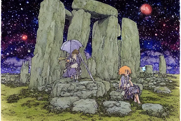 Image similar to hyperrealist studio ghibli watercolor fantasy concept art of a 1 0 0 ft. giant druid sitting on stonehenge. it is a misty starry night. by rebecca guay, michael kaluta, charles vess