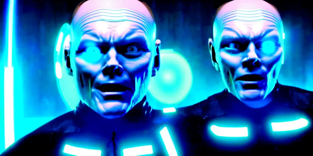 Image similar to a film still of Bill burr in Tron, high quality