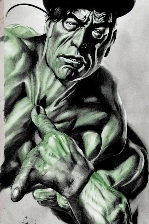 Image similar to buster keaton as the incredible hulk, comic book fantasy illustration, detailed painting, soft shading, dynamic lighting, comic book concept art