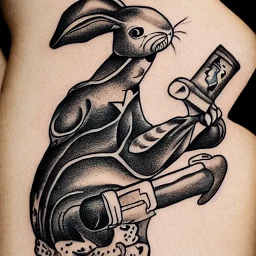 Image similar to Rabbit holding gun in his paws, riding on a killer whale style of traditional American tattoo by Sailor Jerry