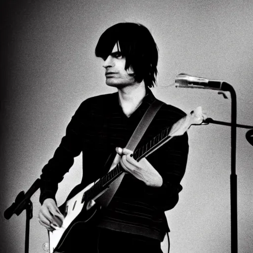 Image similar to Jonny Greenwood playing a guitar in a black and white photo, a black and white photo by David Gilmour Blythe, featured on tumblr, toyism, groovy, psychedelic, ilya kuvshinov