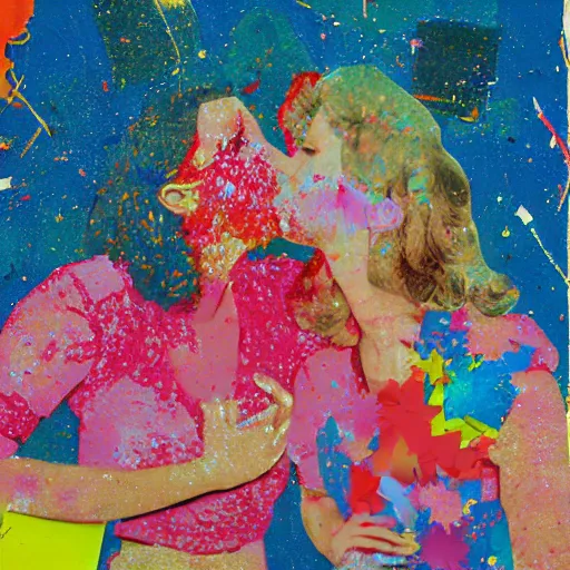 Image similar to two women kissing at a carnival, mixed media collage, retro, paper collage, magazine collage, acrylic paint splatters, retro psychedelia,