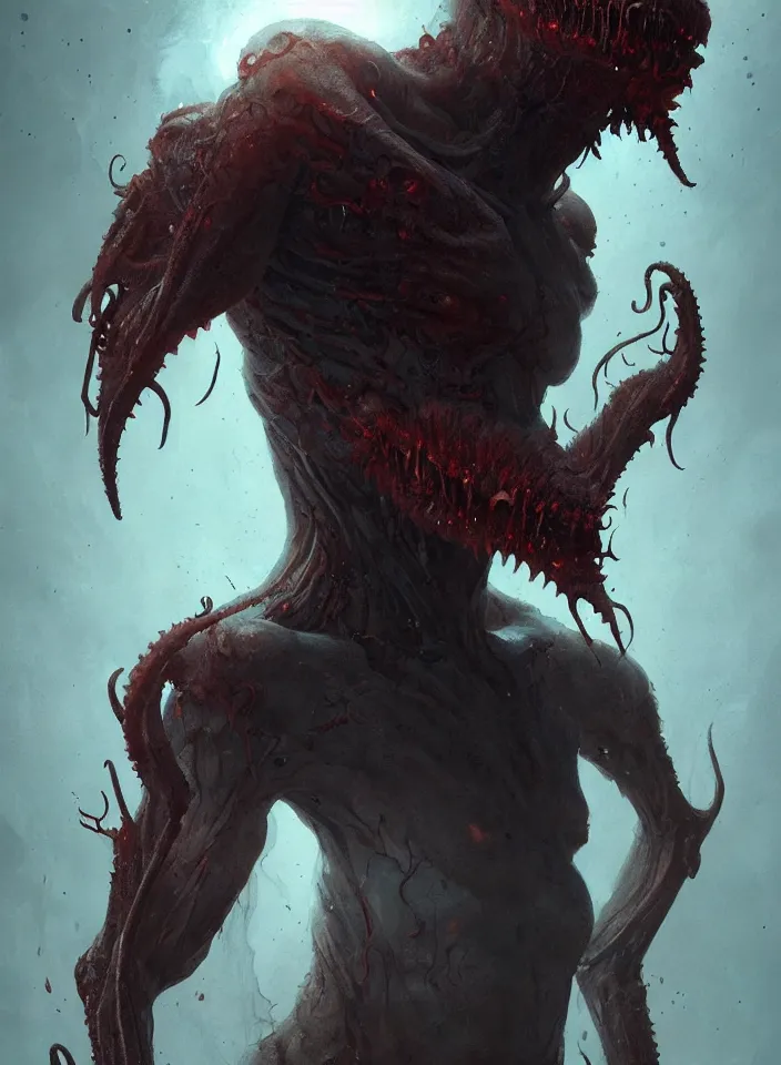 Image similar to a body portrait of a creature invoking fear, art by greg rutkowski, squid demon, scifi horror setting, dark lighting, matte painting, trending on artstation, very detailed
