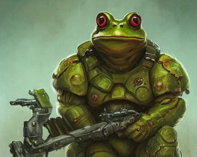 Image similar to portrait of a doomguy as a frog, fantasy, hd shot, digital portrait, beautiful, artstation, comic style, by artgerm, guy denning, jakub rozalski, magali villeneuve and charlie bowater