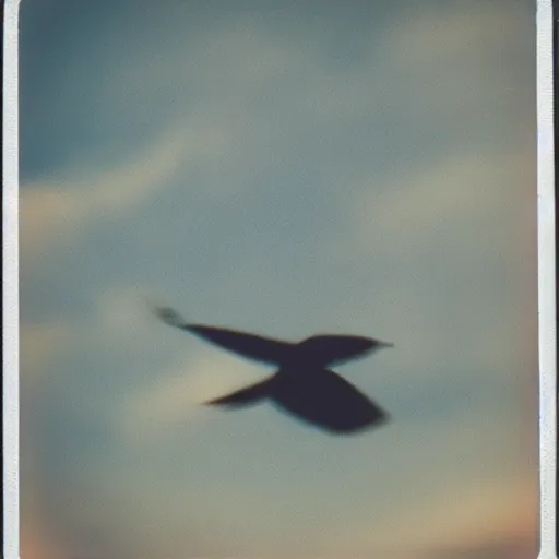 Prompt: a big flat rock flying through the sky, blurry photo, old polaroid, expired film, historical photo,