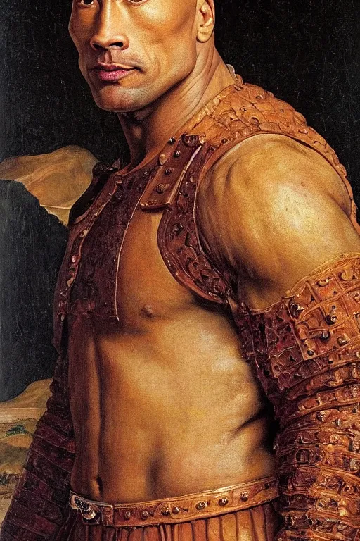 Image similar to dwayne the rock johnson, renaissance 1 6 0 0 portrait of dwyane the rock, oil painting by jan van eyck, northern renaissance art, oil on canvas, wet - on - wet technique, realistic, expressive emotions, intricate textures, illusionistic detail