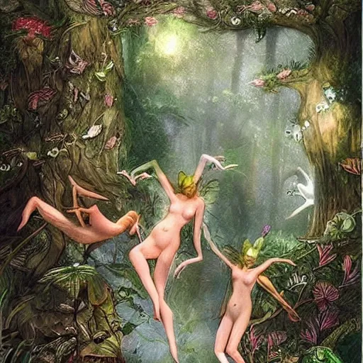 Prompt: “ forest nymphs frolicking whimsically, hyperdetailed, realistic, fantastical ”