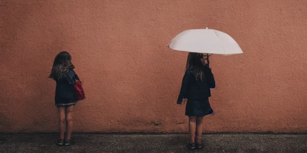 Image similar to it's raining, the sun is shining, the girl is facing the sun in backlight, street photography,warm colors Sony a7R