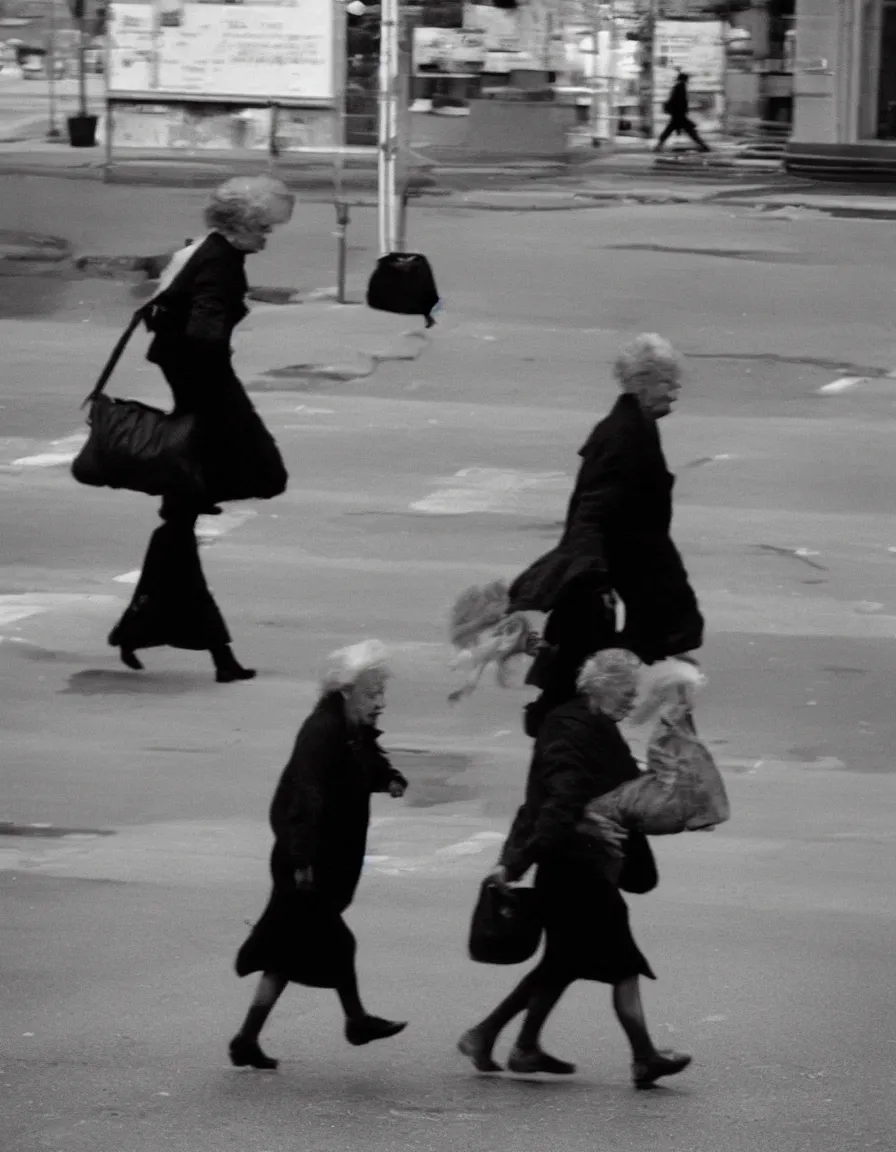 Image similar to A panicked old woman crossing the street with a walker. A nuclear mushroom cloud is in the background. Black and white photo by Annie Leibovitz.