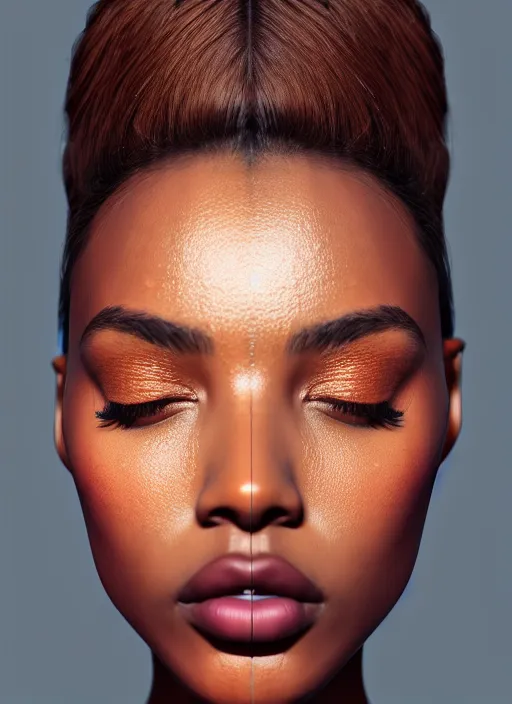 Image similar to beautiful female, attractive facial features, brown skin, haze, model, intricate, symmetrical face, makeup, sephora, maybelline, studio, reflections, cinematic, filmic, vsco, concept art, artstation, elegant, model, gorgeous, vray, flim, octane render, ambient occlusion, prism details