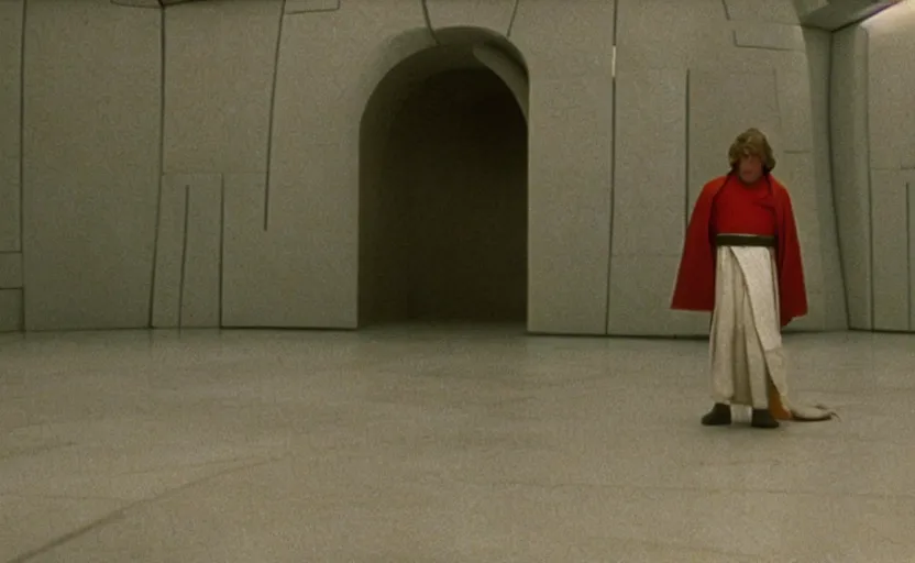 Prompt: screenshot of master Luke Skywalker alone in a a Jedi Temple, objects floating around him, iconic scene from the 1970s thriller directed by Stanely Kubrick film, color kodak, ektochrome, anamorphic lenses, detailed faces, moody cinematography
