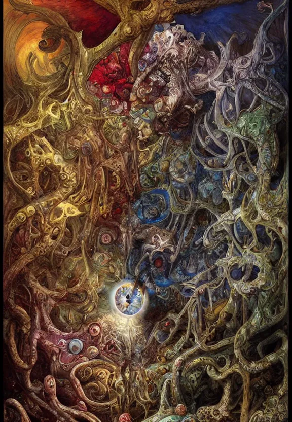 Image similar to simplicity, colorful muscular eldritch demons radiating town fractal, mandala, white bones, colorful gems, by h. r. giger and esao andrews and maria sibylla merian eugene delacroix, gustave dore, thomas moran, pop art, chiaroscuro, biopunk, art nouveau