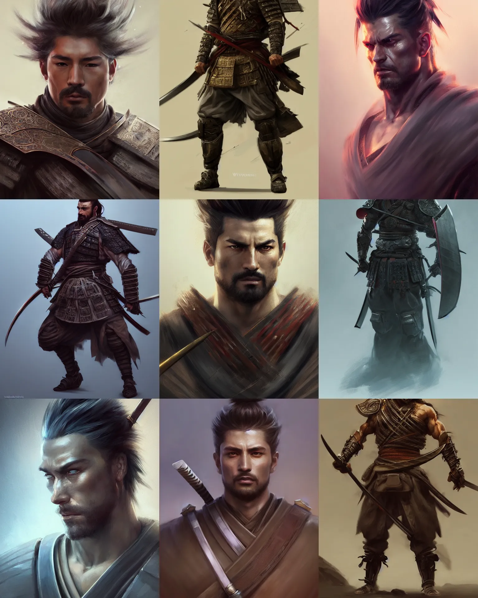 Prompt: full length portrait of a handsome and muscular ronin, square masculine facial features, short messy hair, katana, by wlop and peter mohrbacher, samurai, extremely detailed shading, concept art, digital painting, trending on artstation, unreal engine 5, octane render, atmosphere, glow, cinematic lighting, full of color