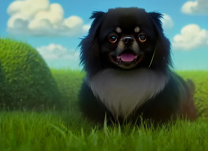 Prompt: a wholesome animation key shot of a black tibetan spaniel, wearing a crown, green field, studio ghibli, pixar and disney animation, sharp, rendered in unreal engine 5, anime key art by greg rutkowski, bloom, dramatic lighting