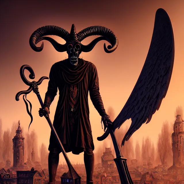 Prompt: Beautiful portrait 3d render of the Baphomet gothic grim reaper with a giant scythe, centered face, portrait, atmospheric lighting, painted, intricate, volumetric lighting, beautiful, rich deep colours masterpiece, sharp focus, ultra detailed, in the style of Dan Mumford and marc simonetti, with a crowded futuristic cyberpunk city in the background, astrophotgraphy