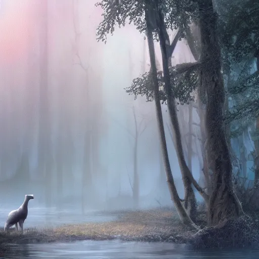 Prompt: cinematic shot river in the forest sci-fi style foggy rain sunset animals drinking from the river digital painting, artstation, concept art, soft light, hdri, smooth, sharp focus, illustration, fantasy, intricate, elegant, highly detailed, D&D, matte painting, in the style of Greg Rutkowski and Alphonse Mucha and artemisia, 8k, highly detailed, jurgens, rutkowski, bouguereau, pastoral, rustic, georgic