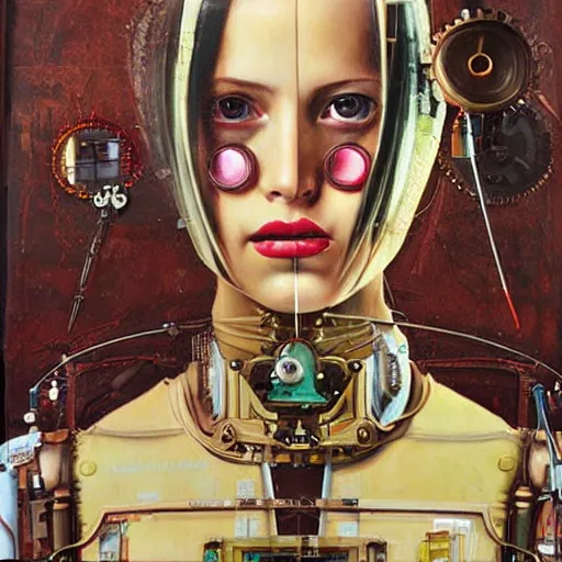 Prompt: portrait of steampunk female android, by sandra chevrier, fra angelico and sandro botticelli