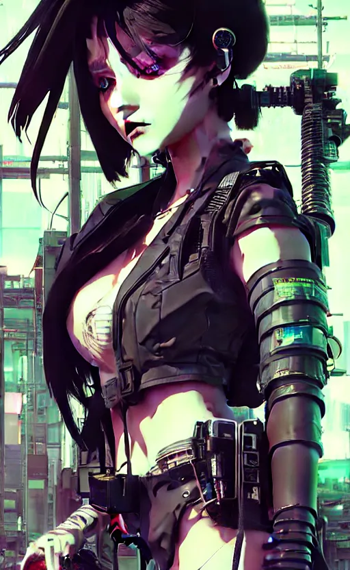 Image similar to hyper - realistic cyberpunk portrait of beautiful! anime woman standing on tokyo street, extreme detail, alluring, in style of yoji shinkawa, pan ren wei, col price, atey ghailan, by greg rutkowski, by greg tocchini, by james gilleard, by joe fenton, by kaethe butcher, grunge aesthetic