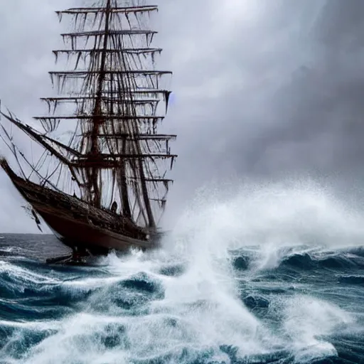 Image similar to wide angle photo of tall ship with ripped sails caught in giant spiral vortex whirlpool in a hurricane. apocalypse. pirates of the caribbean 4 k