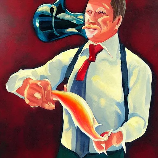 Image similar to Shark bartender, high quality painting