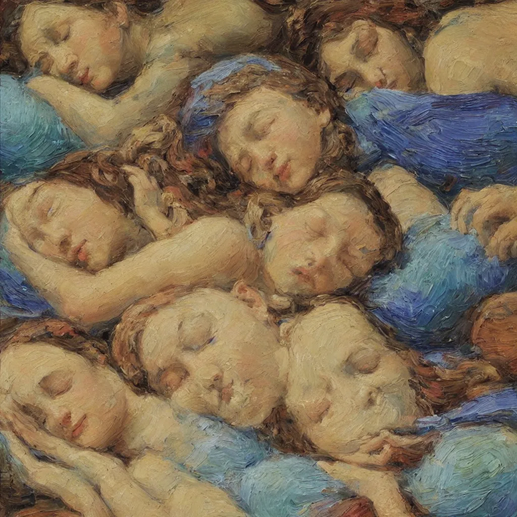 Prompt: texture of 3d high relief painting of beautiful sleeping girls painted in the style of the old masters, painterly, thick heavy impasto, expressive impressionist style, painted with a palette knife