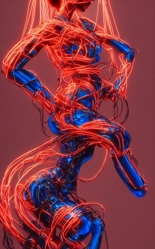 Prompt: beauty woman made of electrical wiring sitting on a stool, red, black, green, blue wires, , very detailed, dramatic lighting, mechanical details, back facing, electrical details, high details, 4k, 8k, trending on artstation, by Hajime Sorayama and Boris Vallejo