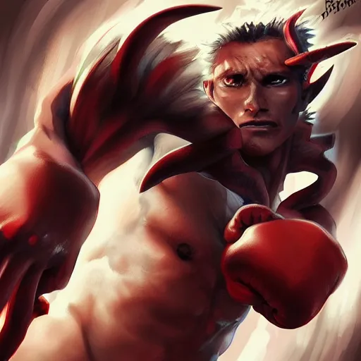 Prompt: demon hero, made by Tomohiro Shimoguchi, Ryō Akizuki,colored by stanley artgerm lau,boxing gloves,worn pants ,ArtStation, CGSociety