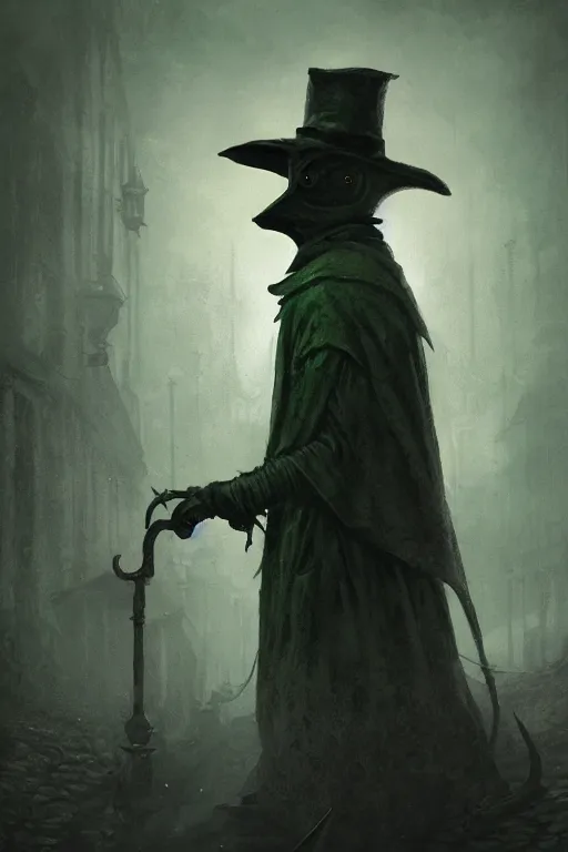 Prompt: A closeup of a green Plague Doctor by Greg Rutkowski, Dan Mumford, Bloodborne, 4k photorealistic, volumetric lighting, HD, high details, dramatic, dark atmosphere, trending on artstation