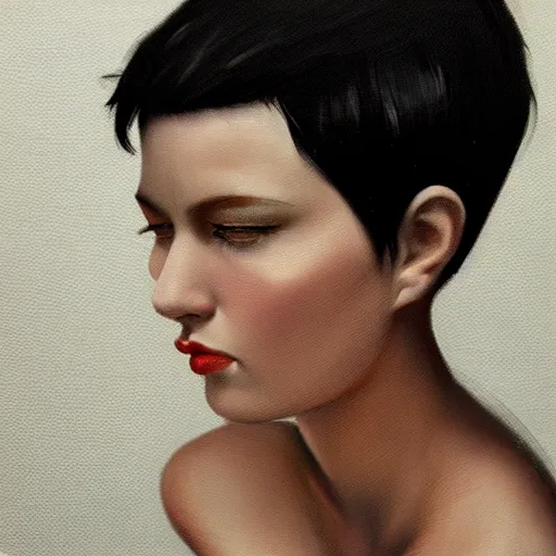 Image similar to portrait of beautiful woman, black short hair, by nick silva, ja mong, greg rutkowsky, digital, soft painting, photorealism