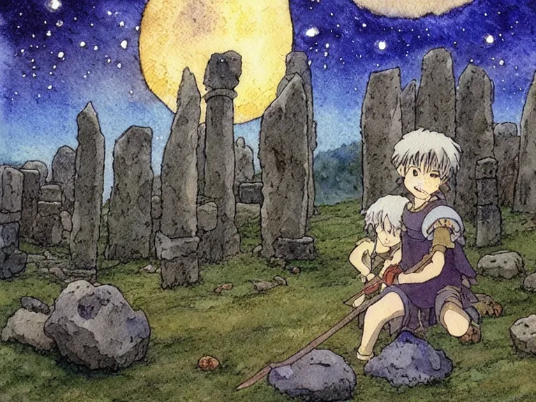 Image similar to a simple watercolor studio ghibli movie still fantasy concept art of a giant medieval kid playing with stones like they are toys in a tiny stonehenge. it is a misty starry night. by rebecca guay, michael kaluta, charles vess