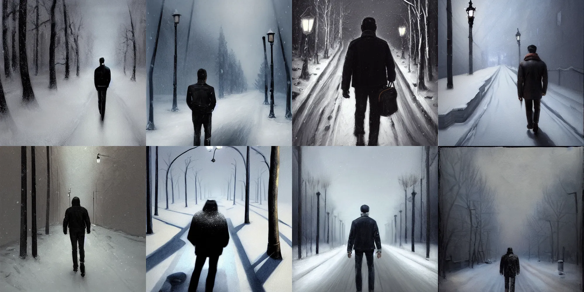 Prompt: by dragan bibin photo of snow - covered man from back in pacing doomed to empty narrow alley with street lamps in park with pines to the horizon, dressed in short leather bomber jacket, with hands in pockets, snowfall at night, mullet haircut, black hairs, concept art, cinematic, dramatic, painting, digital art, detailed, realistic, igla movie shot, low lighting