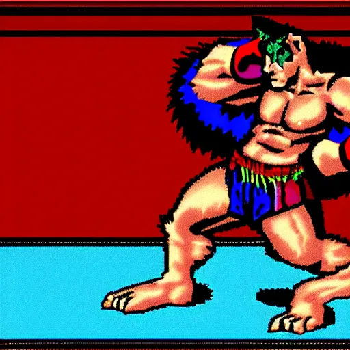 Prompt: full body portrait. 1 6 bit sega graphics. antropomorphic muscular masculine wolf, kickboxer fighter, in shorts. wolf head. furr on body. scysrapers at background. at night. sega game screen